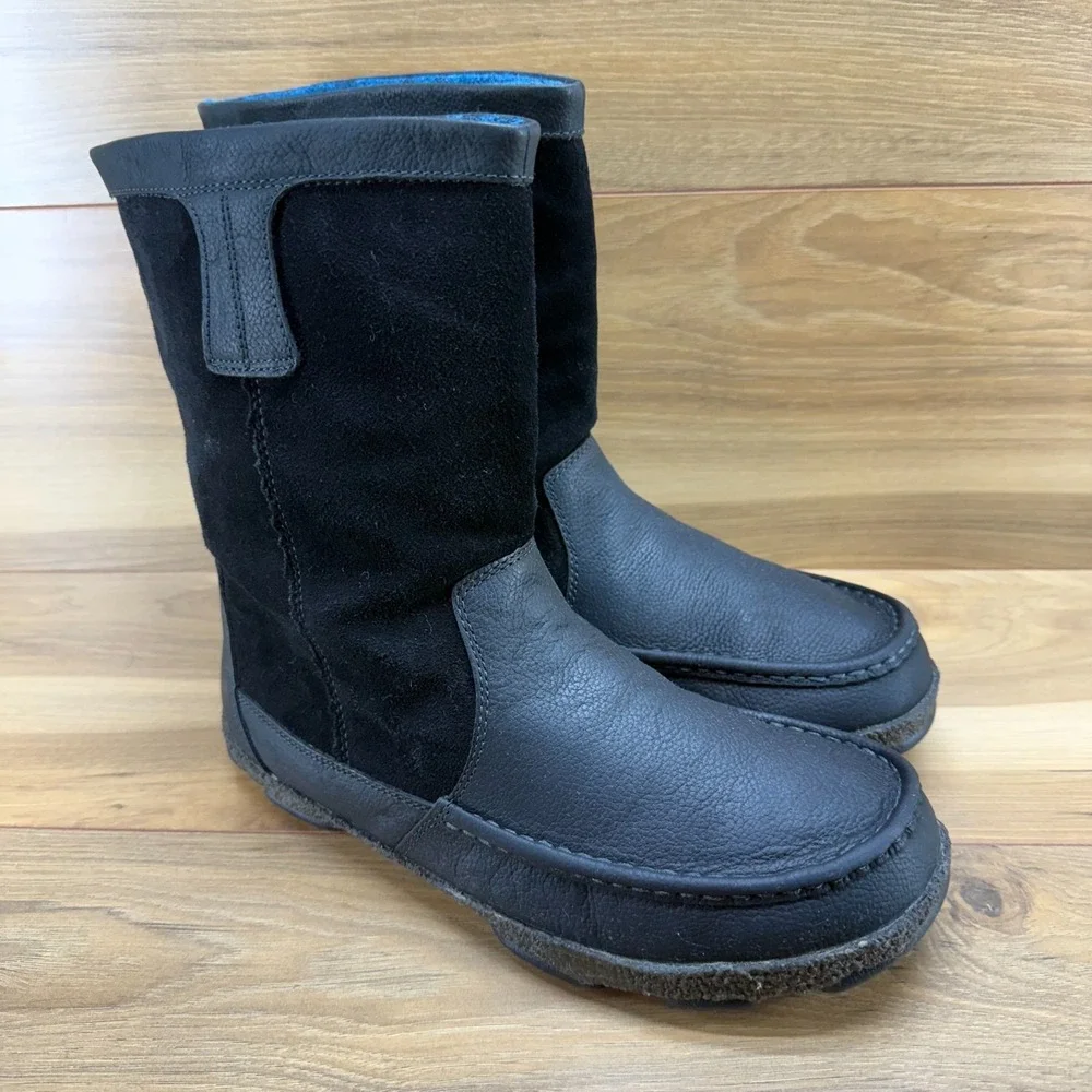 OLUKAI Kohana Boot Mens 10.5 Black Leather Suede Pull On Wool Lined